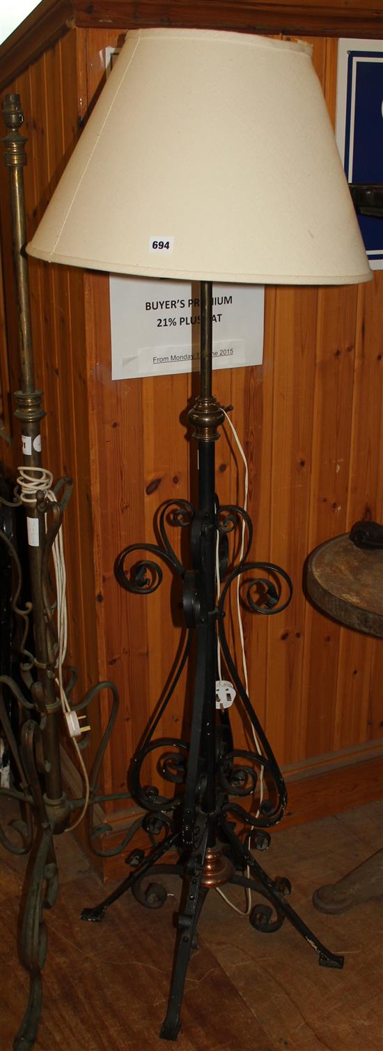 Late Victorian wrought iron and copper adjustable lamp standard